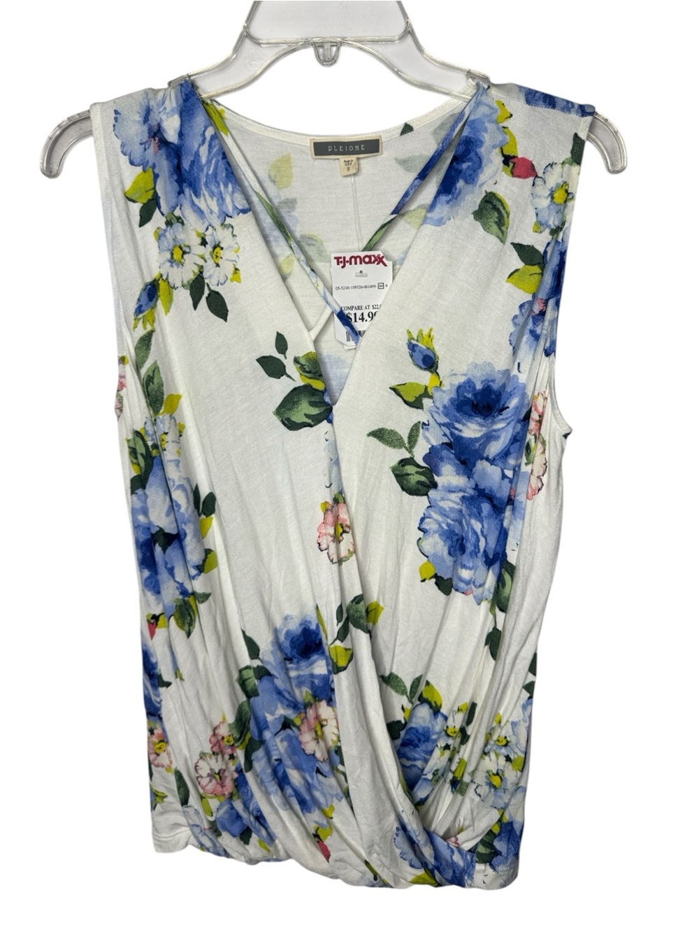 Pleione Women's White Floral Sleeveless Wrap Tank with Blue Roses. Size Small.